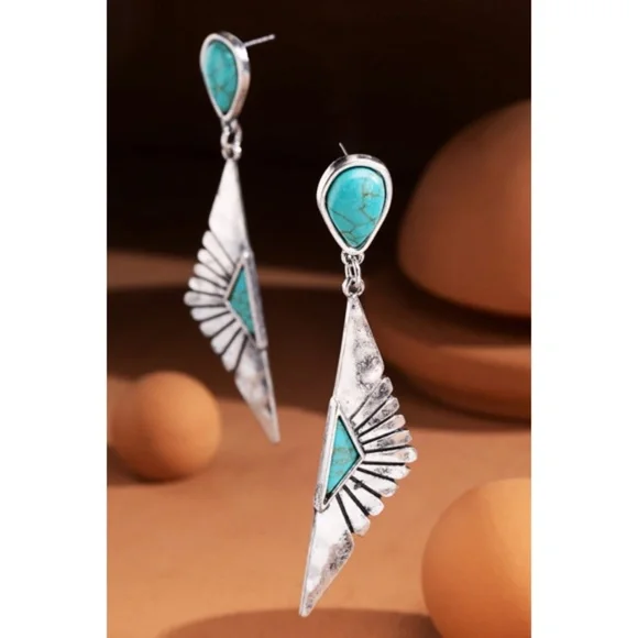 Silver Western Boho Turquoise Fan Whimsical Dangle Earrings