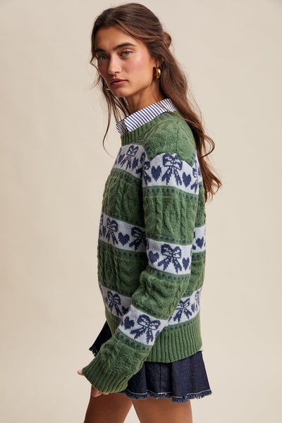 Green & Blue Cable Knit Hearts Bows Striped Knit Pullover Winter Casual Relaxed