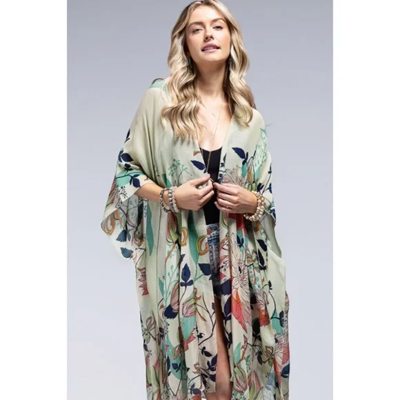 Spring Field Lotus & Lily Flower Floral Open Wrap Kimono Coverup Top One Size