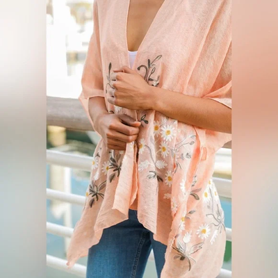 Peach Daisy Woven Floral Kimono Open Wrap Coverup Top One Size