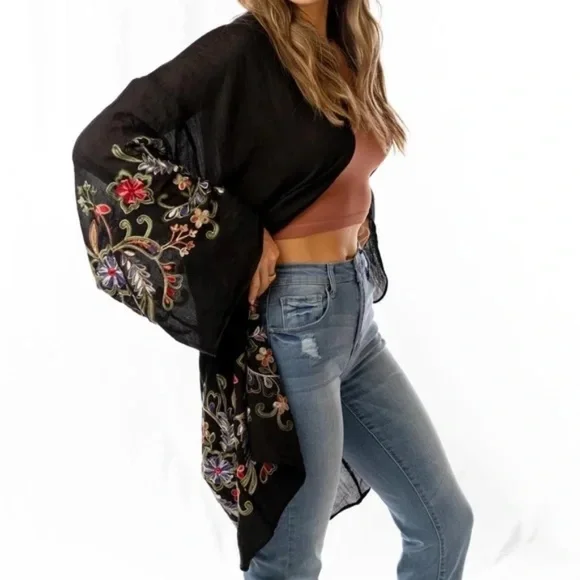 Black Longline Floral Embroidered Kimono Open Wrap Cardigan Top One Size