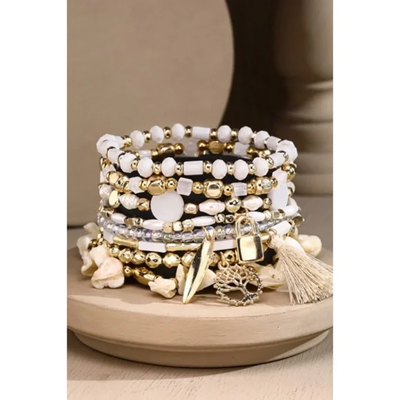 White 8 Strand Beaded Bohemian Stretch Bracelet W/ Tree Charm