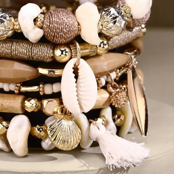 Natural 7 Layer Stackable Cowrie Shell Wood Bead Boho Beach Stretch Bracelet