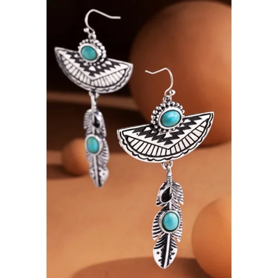 Western Silver Turquoise Navajo Bohemian Feather Dandle Earrings