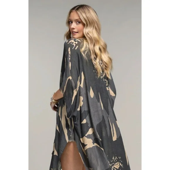 Charcoal Long Floral Sweeping Summer Vacation Casual Coverup Kimono Wrap Top