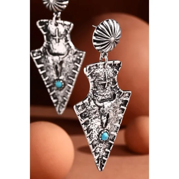 Turquoise Western Boho Metal Arrow Head Dangle Drop Earrings