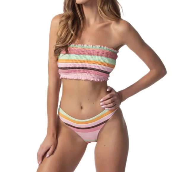 Phax Striped Smocked Strapless Bikini Swimsuit 2Pc Two Piece Set