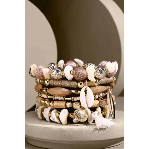 Natural 7 Layer Stackable Cowrie Shell Wood Bead Boho Beach Stretch Bracelet