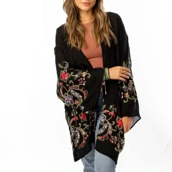 Black Longline Floral Embroidered Kimono Open Wrap Cardigan Top One Size