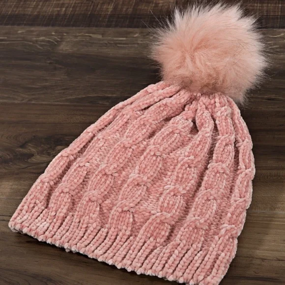 Blush Pink Luxury Chenille Cable Knit Faux Fur Pom Pom Winter Beanie Womens Hat