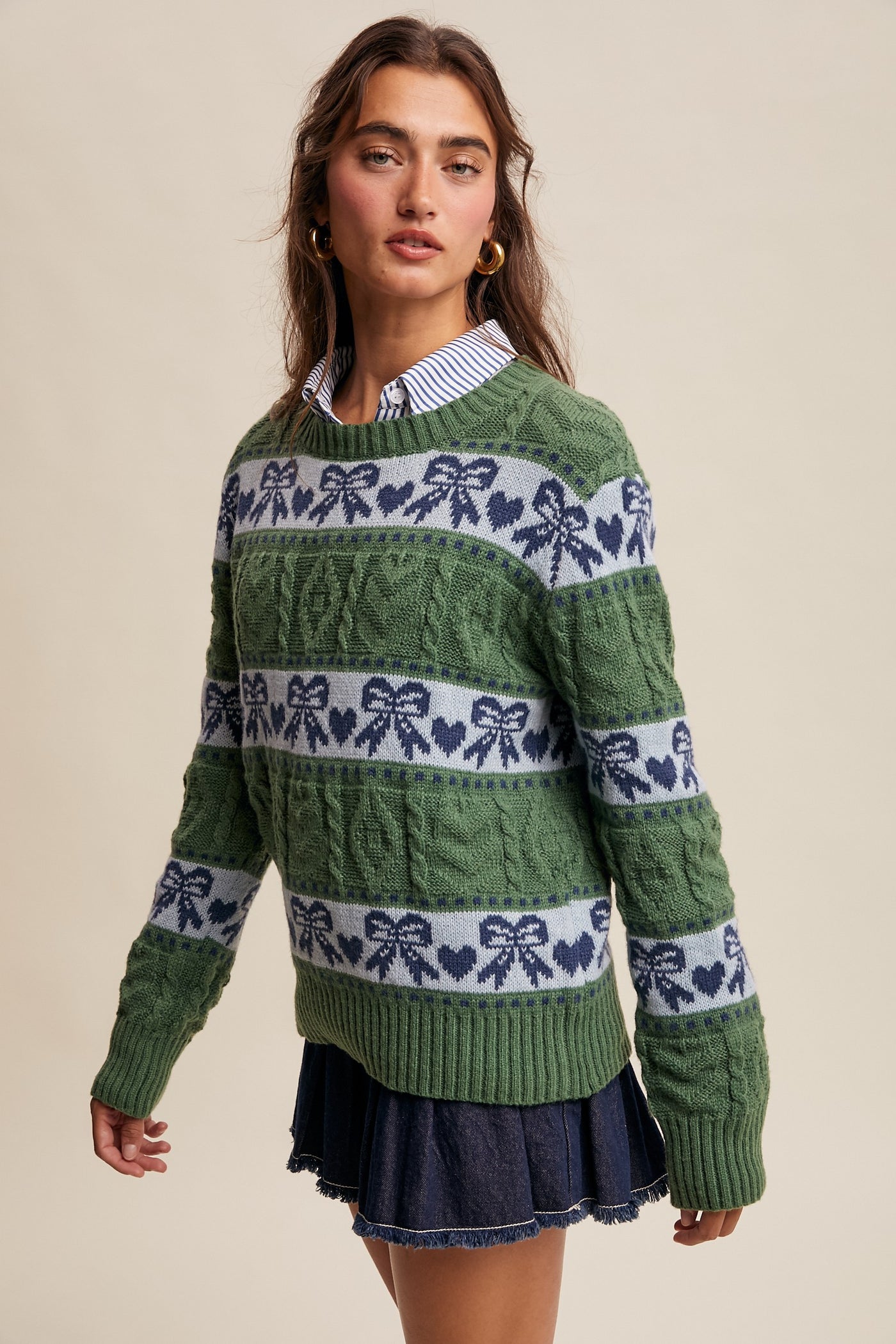 Green & Blue Cable Knit Hearts Bows Striped Knit Pullover Winter Casual Relaxed