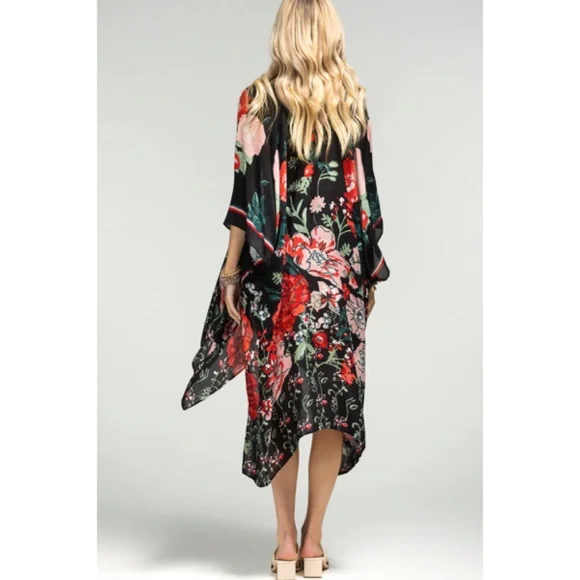 Red Flower Garden Casual One Size Open Wrap Top Coverup Kimono