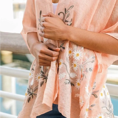 Peach Daisy Woven Floral Kimono Open Wrap Coverup Top One Size