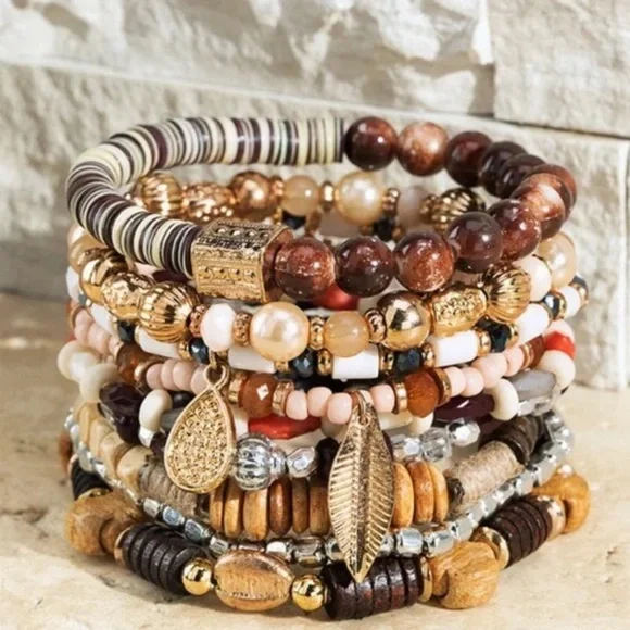 Coconut Mixed Beads Wood Metal Glass Stretch Stackable Bracelet Set w/ Leaf