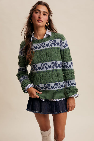 Green & Blue Cable Knit Hearts Bows Striped Knit Pullover Winter Casual Relaxed
