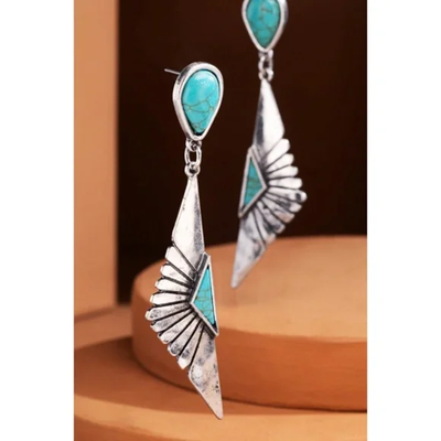 Silver Western Boho Turquoise Fan Whimsical Dangle Earrings