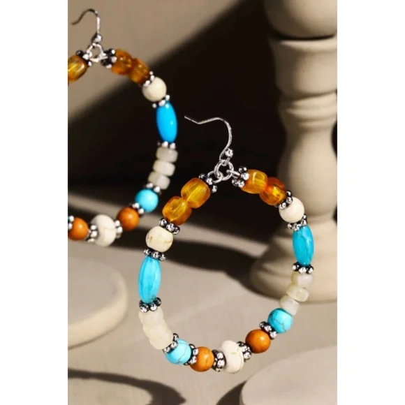 Western Bohemian Boho Style Multi Bead Hoop Dangle Earrings