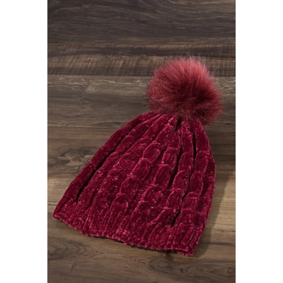 Burgundy Luxury Chenille Cable Knit Faux Fur Pom Pom Winter Beanie Womens Hat