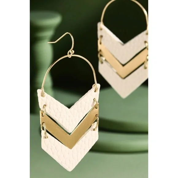 Ivory & Gold Faux Vegan Leather Chevron Dangle Earrings