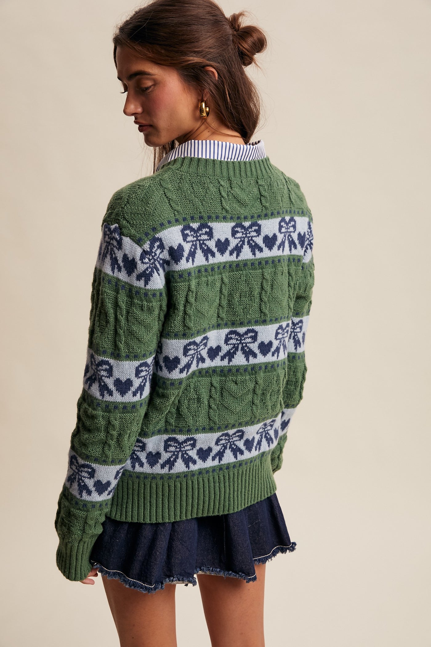 Green & Blue Cable Knit Hearts Bows Striped Knit Pullover Winter Casual Relaxed