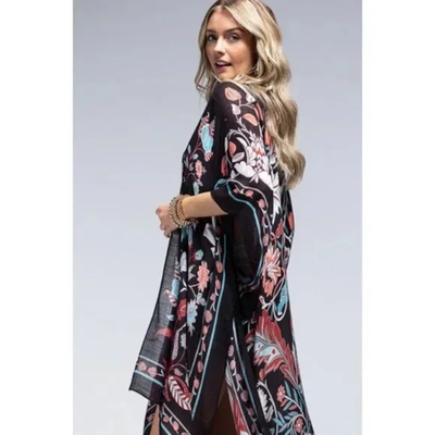 Teal Black Leaf & Flower Printed Kimono Open Wrap Coverup Kimono Top One Size