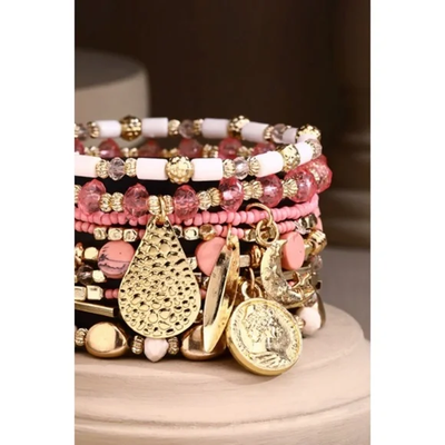 Pink 9-Strand Beaded Boho Stackable Stretch Bracelet Set w/ Gold Charms