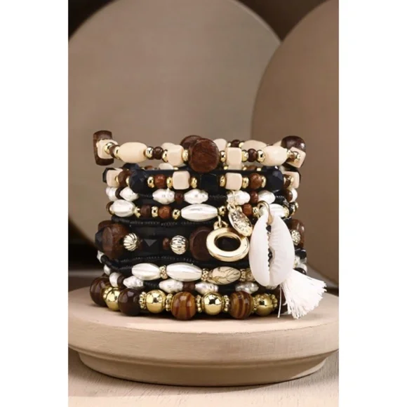 Brown 10 Layered Bohemian Stack Stretch Bracelet Set w/ Charms Cowrie Tassel