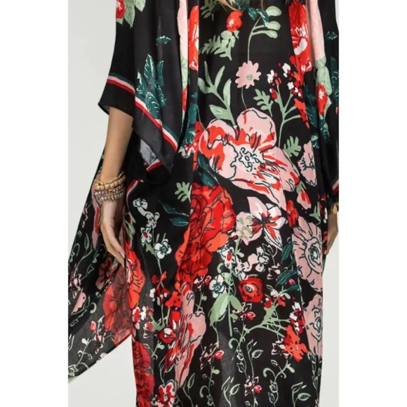 Red Flower Garden Casual One Size Open Wrap Top Coverup Kimono