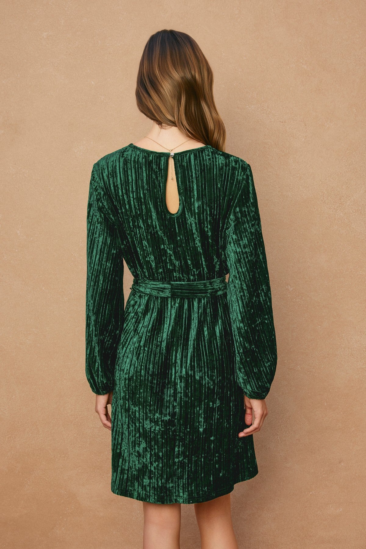 Emerald Velvet High Scoop Neck Sash Belt Cocktail Holiday Party Dress