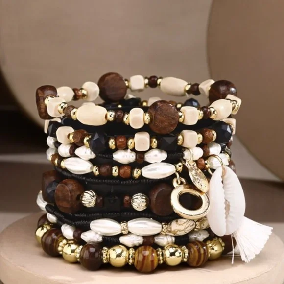 Brown 10 Layered Bohemian Stack Stretch Bracelet Set w/ Charms Cowrie Tassel