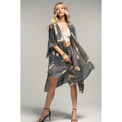 Charcoal Long Floral Sweeping Summer Vacation Casual Coverup Kimono Wrap Top