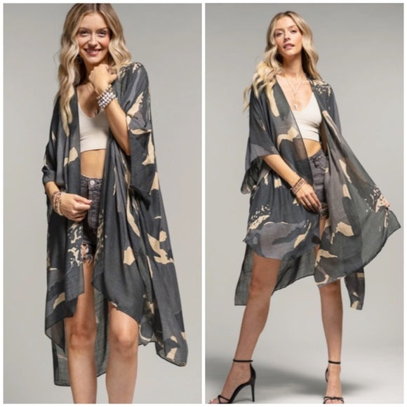 Charcoal Long Floral Sweeping Summer Vacation Casual Coverup Kimono Wrap Top