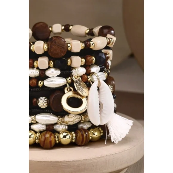 Brown 10 Layered Bohemian Stack Stretch Bracelet Set w/ Charms Cowrie Tassel