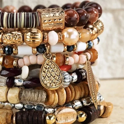 Coconut Mixed Beads Wood Metal Glass Stretch Stackable Bracelet Set w/ Leaf