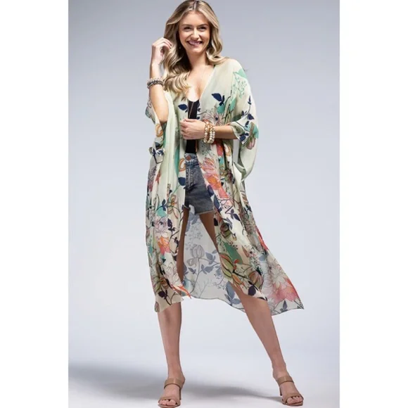 Spring Field Lotus & Lily Flower Floral Open Wrap Kimono Coverup Top One Size