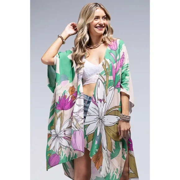 Oahu Floral Flower Open Wrap Kimono Top One Size Spring Summer Casual