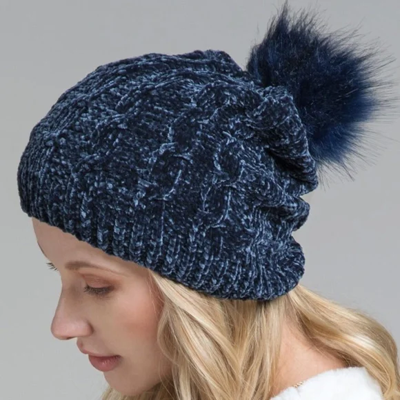 Navy Blue Luxury Chenille Cable Knit Faux Fur Pom Pom Winter Beanie Womens Hat