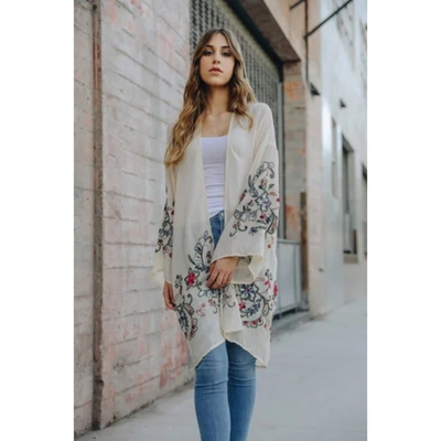 Cream Longline Floral Embroidered Kimono Open Wrap Cardigan Top One Size