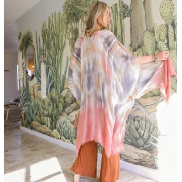 Rose Pink Ombre Tie Dye Bohemian Summer Kimono Coverup Wrap Open Top One Size