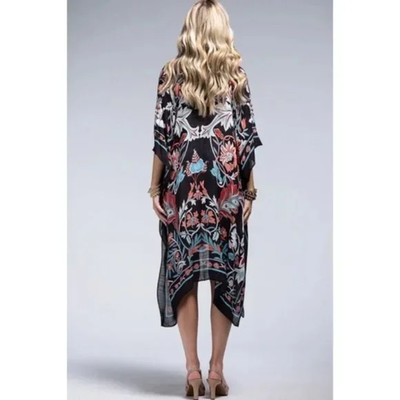 Teal Black Leaf & Flower Printed Kimono Open Wrap Coverup Kimono Top One Size