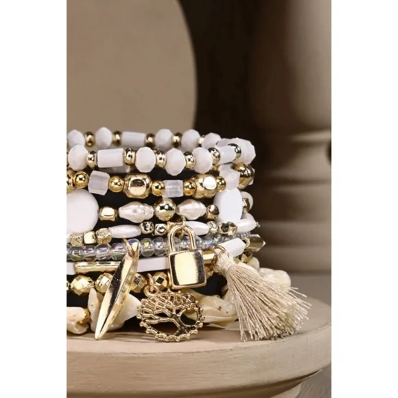 White 8 Strand Beaded Bohemian Stretch Bracelet W/ Tree Charm