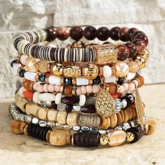 Coconut Mixed Beads Wood Metal Glass Stretch Stackable Bracelet Set w/ Leaf