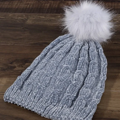 Denim Luxury Chenille Cable Knit Faux Fur Pom Pom Winter Beanie Womens Hat