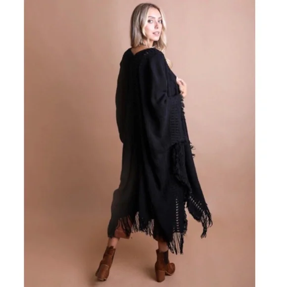 Black Knit Open Work Frayed Border Bohemian Ruana Sweater Wrap