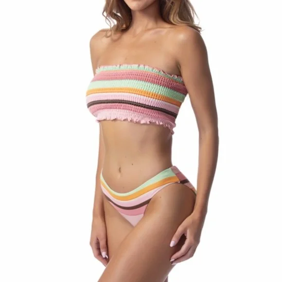 Phax Striped Smocked Strapless Bikini Swimsuit 2Pc Two Piece Set