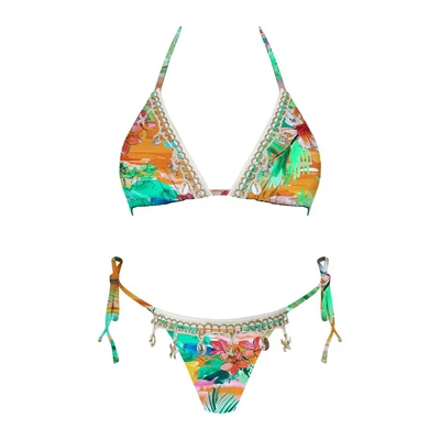 Tropical Palm Mid Summer Shell Trim Triangle Bikini Swimsuit Set