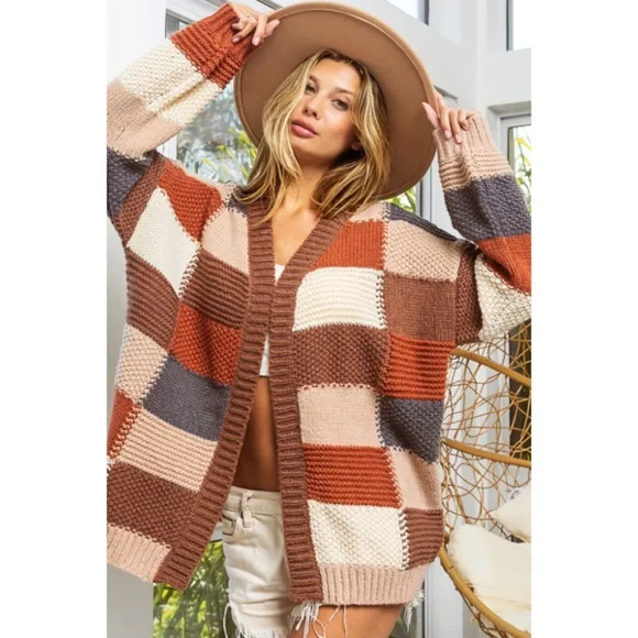 Mocha Brown Combo Checker Block Knit Cardigan Sweater