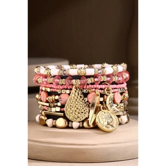 Pink 9-Strand Beaded Boho Stackable Stretch Bracelet Set w/ Gold Charms