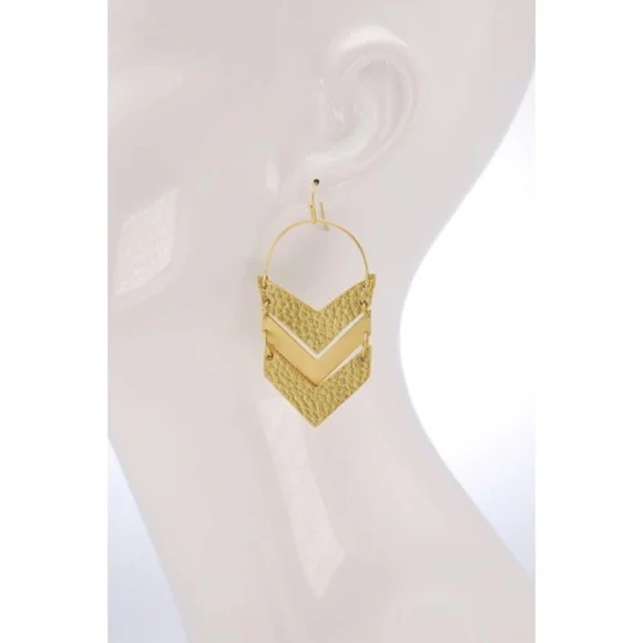 Ivory & Gold Faux Vegan Leather Chevron Dangle Earrings