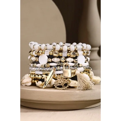 White 8 Strand Beaded Bohemian Stretch Bracelet W/ Tree Charm